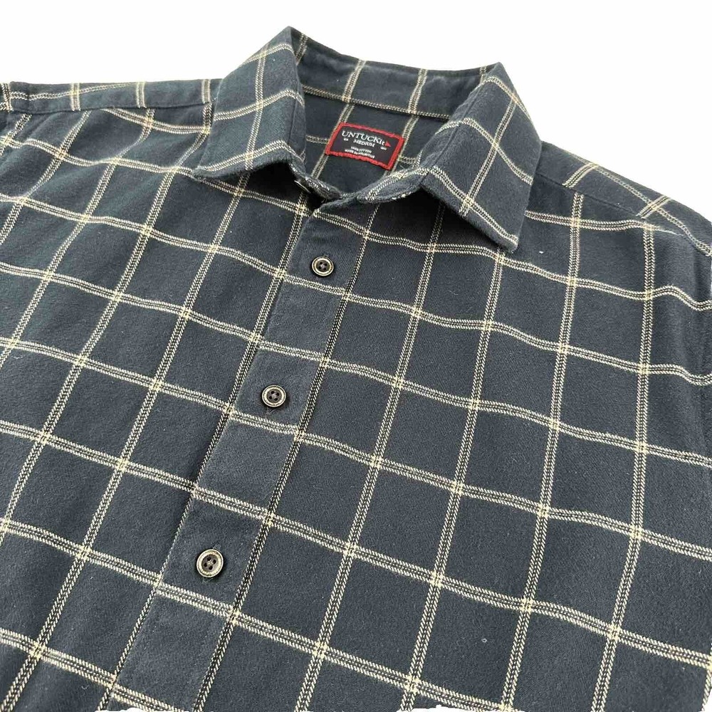 Untuckit Flannel Shirt Men Medium Navy Blue Plaid‎ Windowpane Soft Cotton EUC